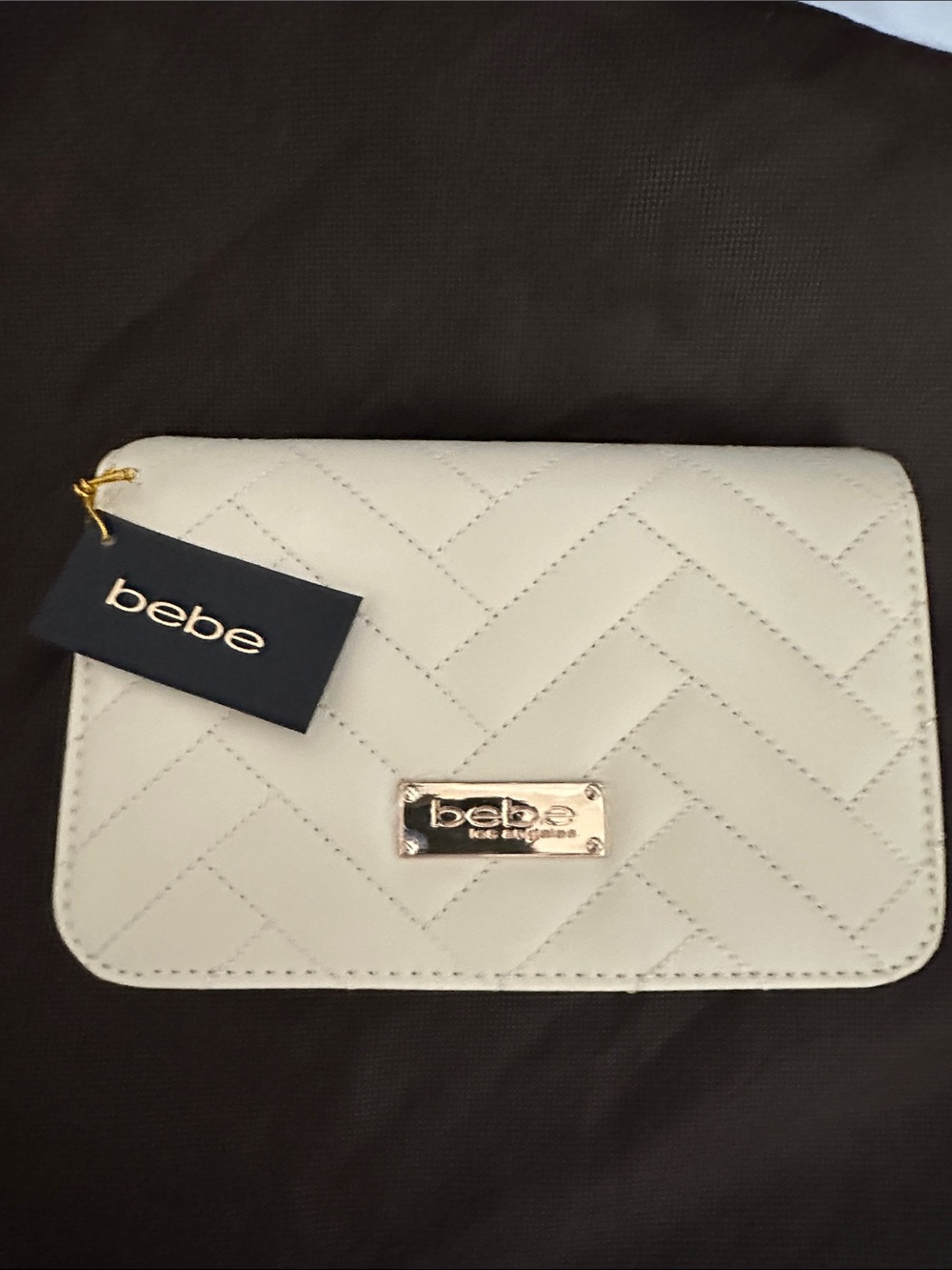 bebe Cream Quilted Crossbody Bag with Gold Plate